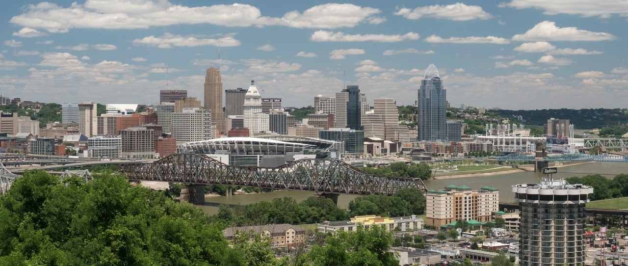 A view of the Cincinnati skyline from Northern Kentucky hills.